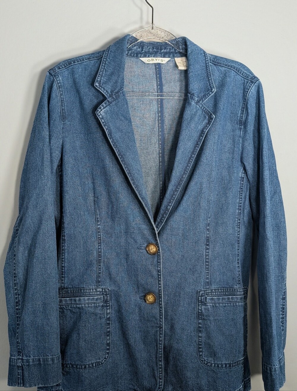 Orvis Denim Blazer Jacket in Classic Blue, Women Size 14, 100% Cotton
